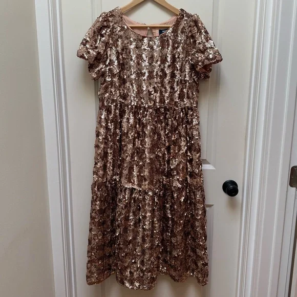 Anthropologie Maeve Bernadette Rose Gold Sequin Tiered Midi Dress Size M - Picture 12 of 17